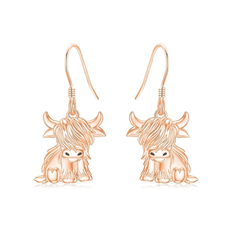 10K 14K 18K Gold Highland Cow Animal Earrings
