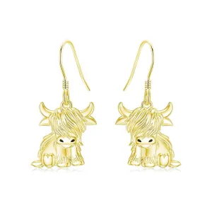 10K 14K 18K Gold Highland Cow Animal Earrings