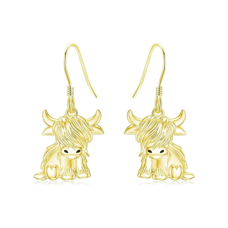 10K 14K 18K Gold Highland Cow Animal Earrings