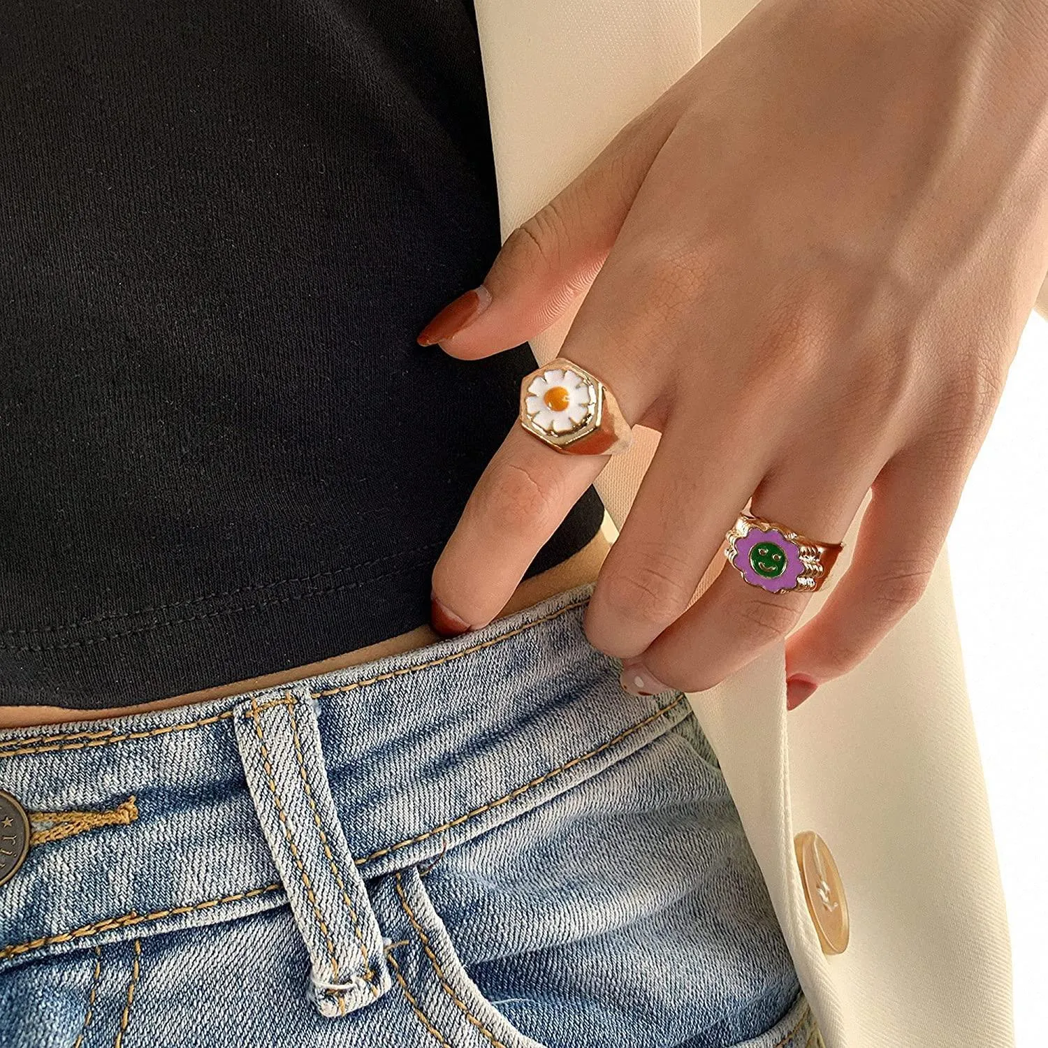 10PCS Y2K Colorful Chunky Rings for Women Heart Yin Yang Daisy Cute Signet Open Stacking Rings Cloud Flower Trendy Y2K Gold Statement Band Ring Set Size 7