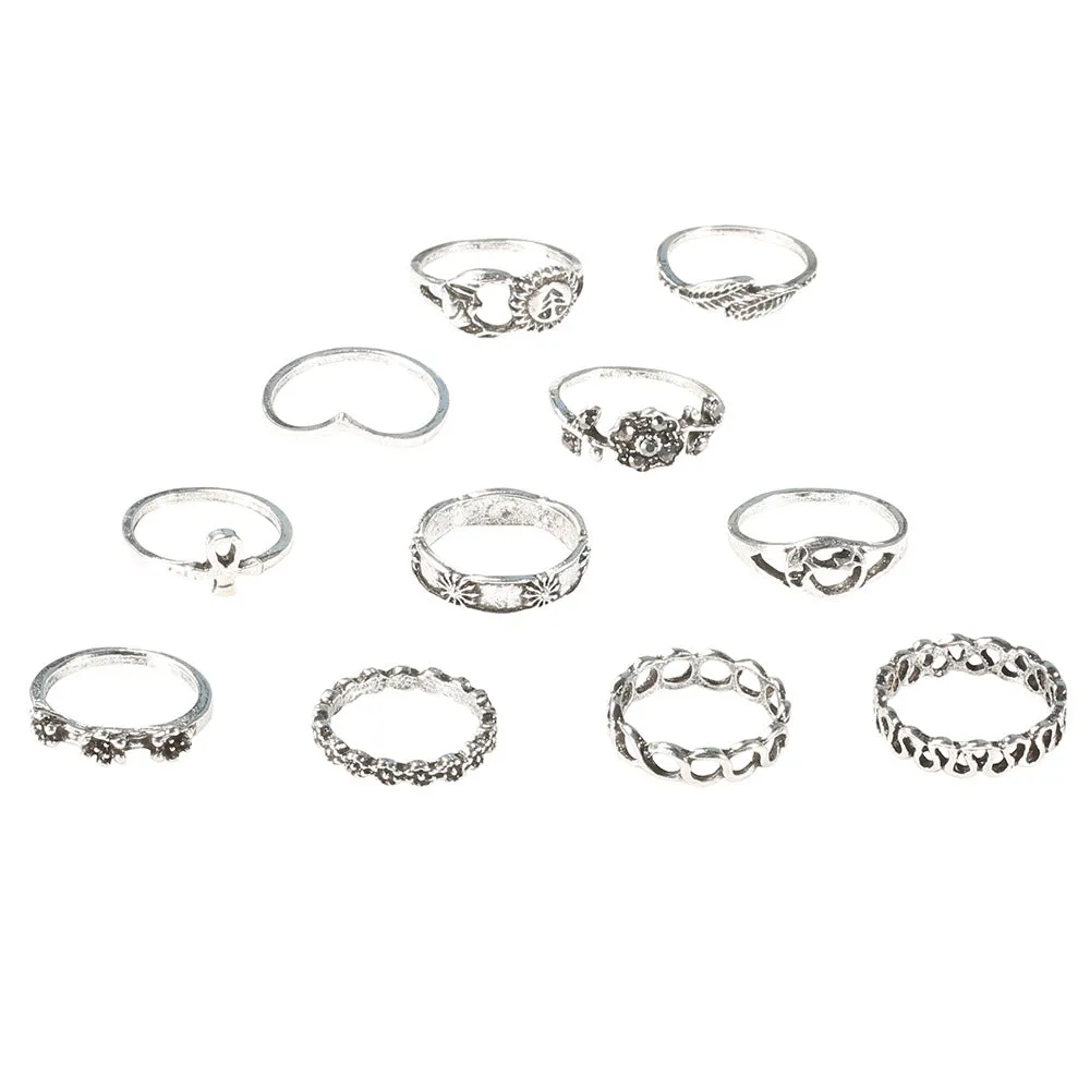 11-Piece Alloy Flower Diamond Leaf Rings with Hollow Moon Set Tail Ring