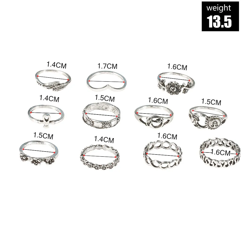11-Piece Alloy Flower Diamond Leaf Rings with Hollow Moon Set Tail Ring