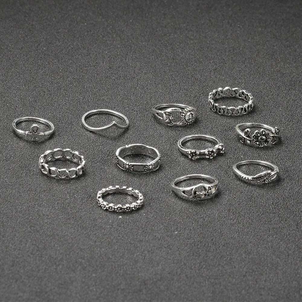 11-Piece Alloy Flower Diamond Leaf Rings with Hollow Moon Set Tail Ring