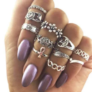 11-Piece Alloy Flower Diamond Leaf Rings with Hollow Moon Set Tail Ring