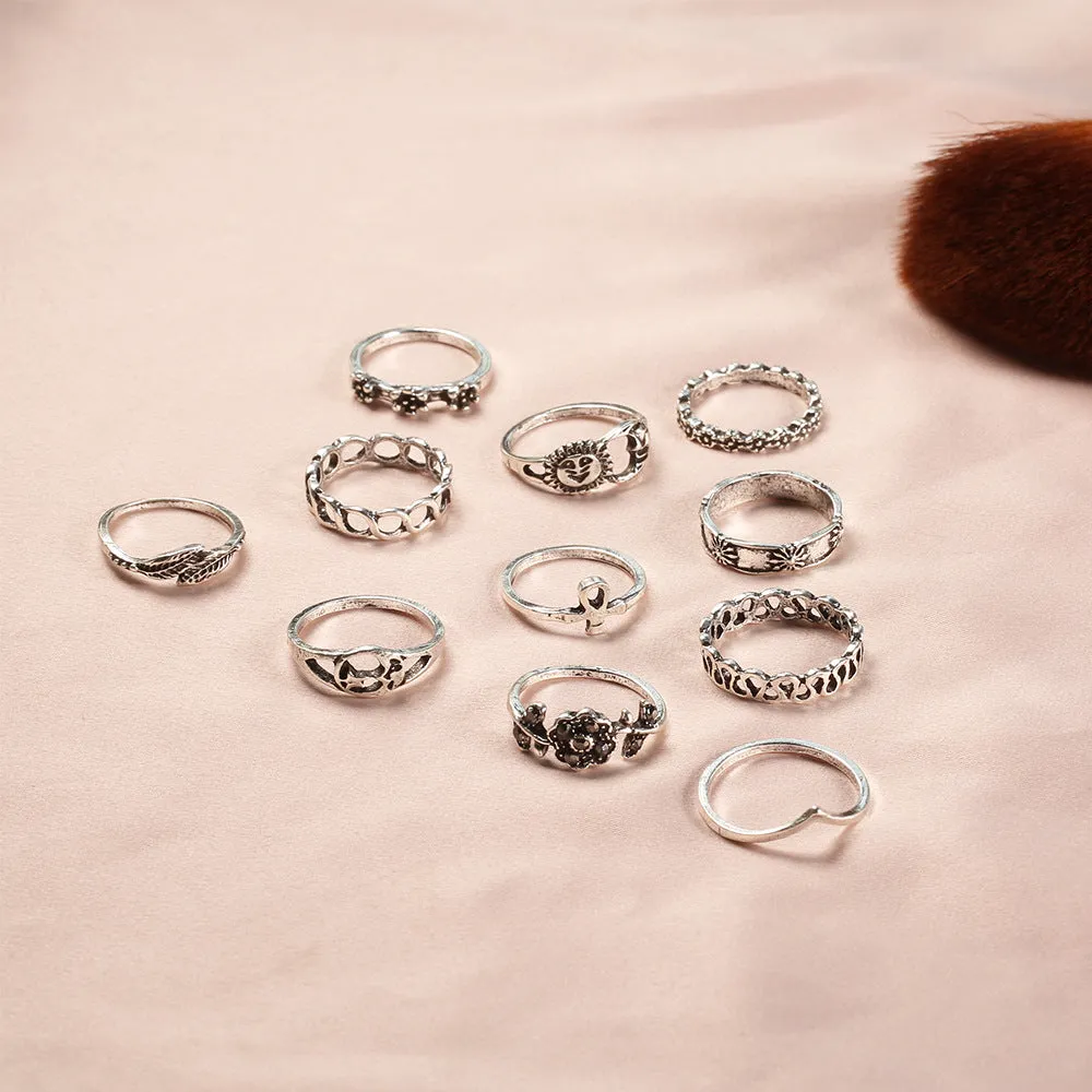 11-Piece Alloy Flower Diamond Leaf Rings with Hollow Moon Set Tail Ring