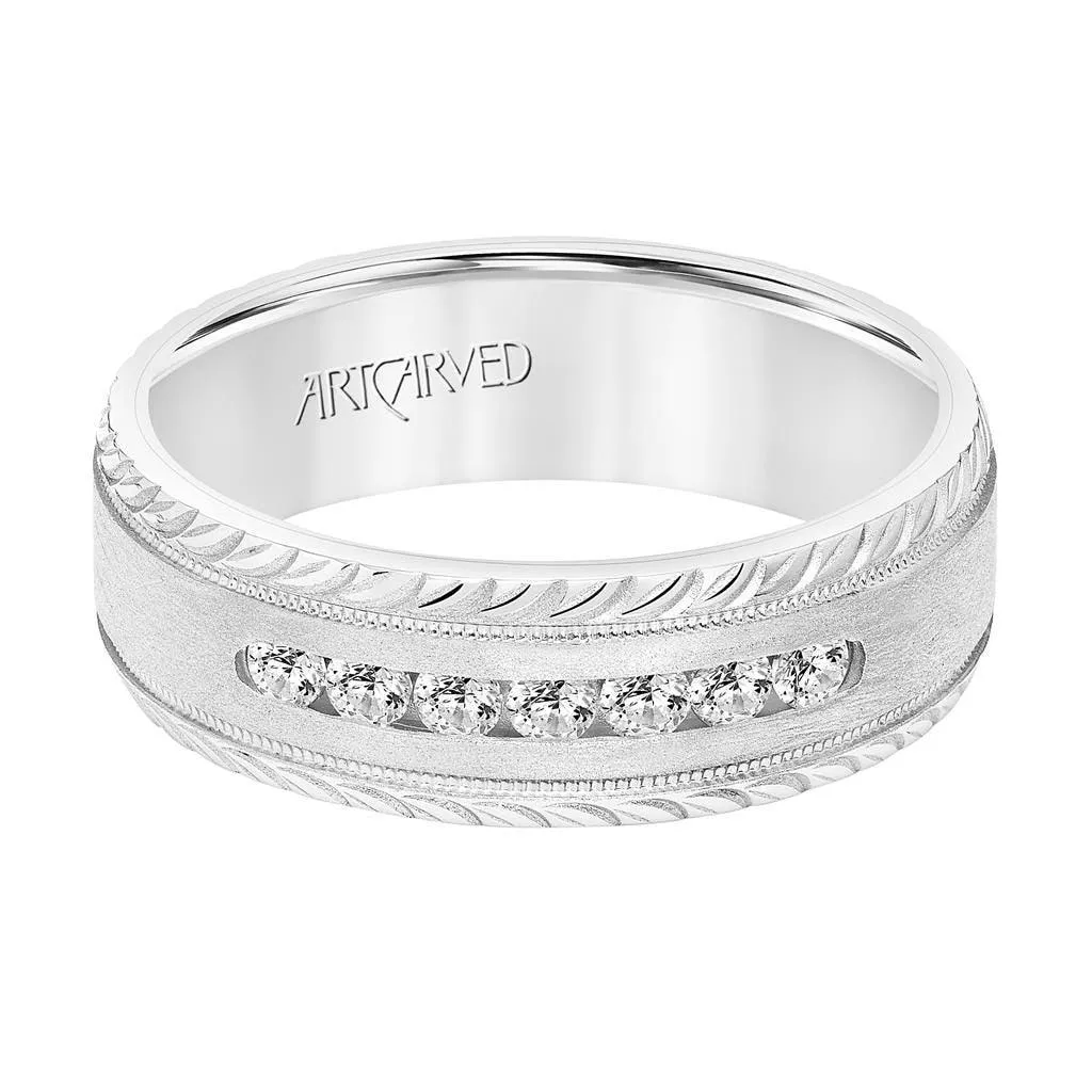 14k White Gold Wedding Band Flat Crystalline Finish Center Channel Set Diamonds Milgrain and Leaf Design Beveled Edges - 7 mm