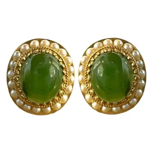 14K Yellow Gold Large Jade and Pearl Exquisite Clip-On Earrings
