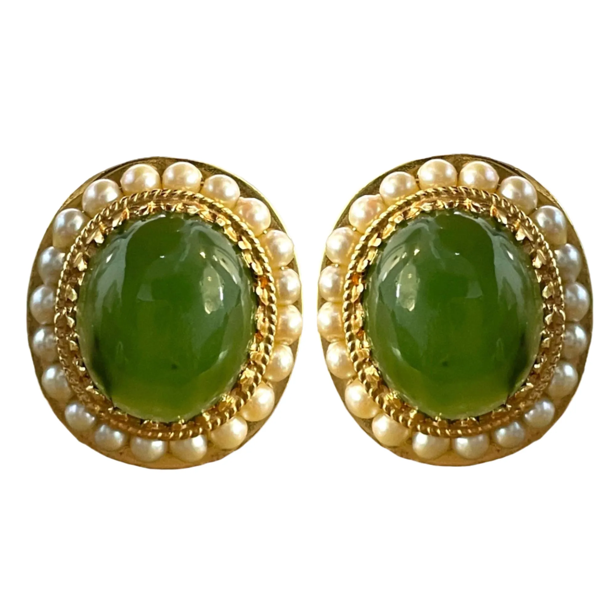 14K Yellow Gold Large Jade and Pearl Exquisite Clip-On Earrings