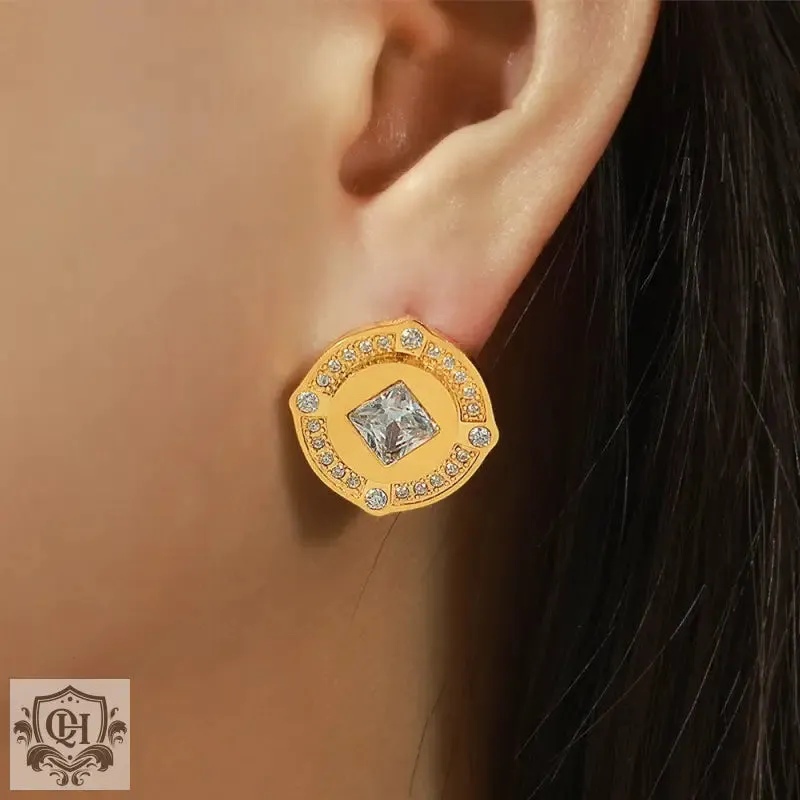 18K Gold Button Earrings with Diamonds