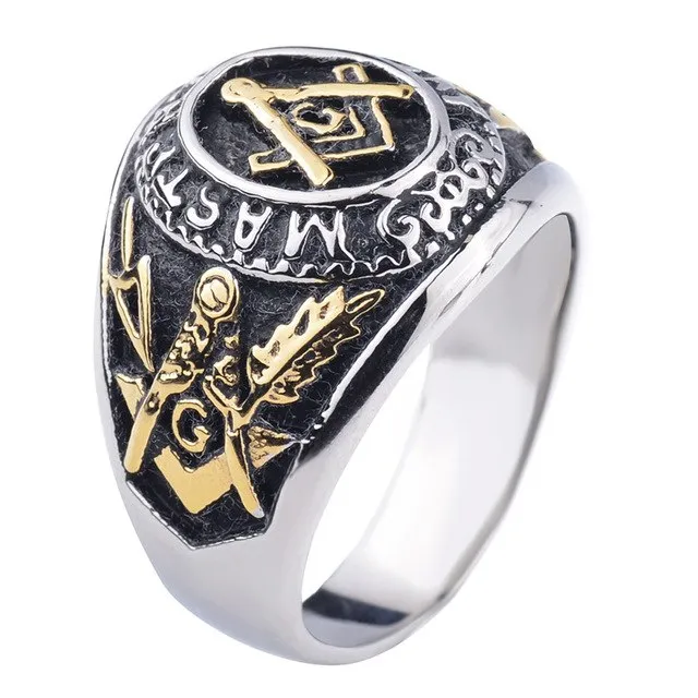20mm Black Plated Stainless Steel Dome Shaped Patterned Imprints Masonic Men’s Ring