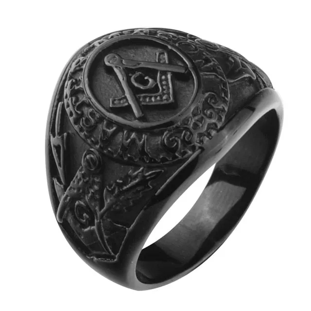 20mm Black Plated Stainless Steel Dome Shaped Patterned Imprints Masonic Men’s Ring