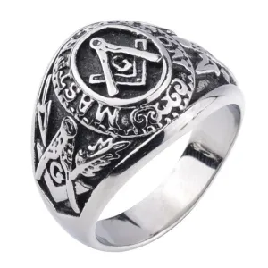20mm Black Plated Stainless Steel Dome Shaped Patterned Imprints Masonic Men’s Ring