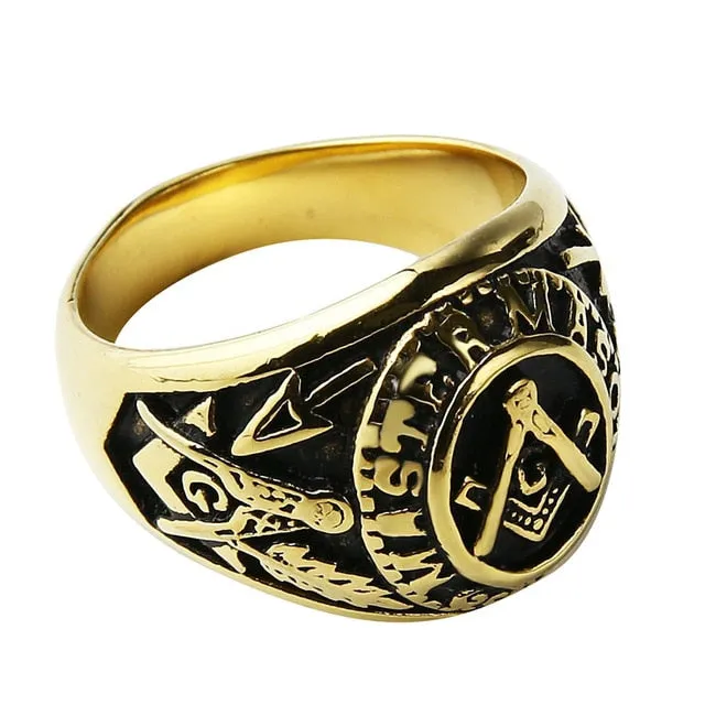 20mm Black Plated Stainless Steel Dome Shaped Patterned Imprints Masonic Men’s Ring