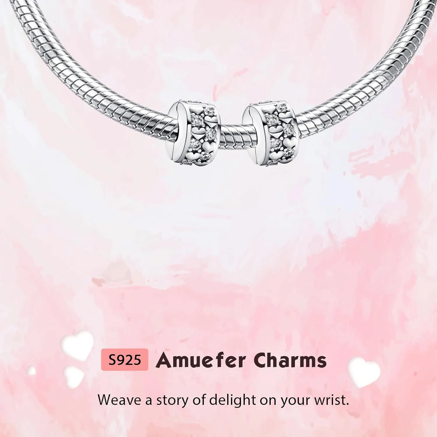 2Pcs Clip Charms for Bracelets 925 Sterling Silver with Cubic Zirconia Shell Pink Pav Family Always Stopper Birthday Christmas Jewelry Gifts for Women