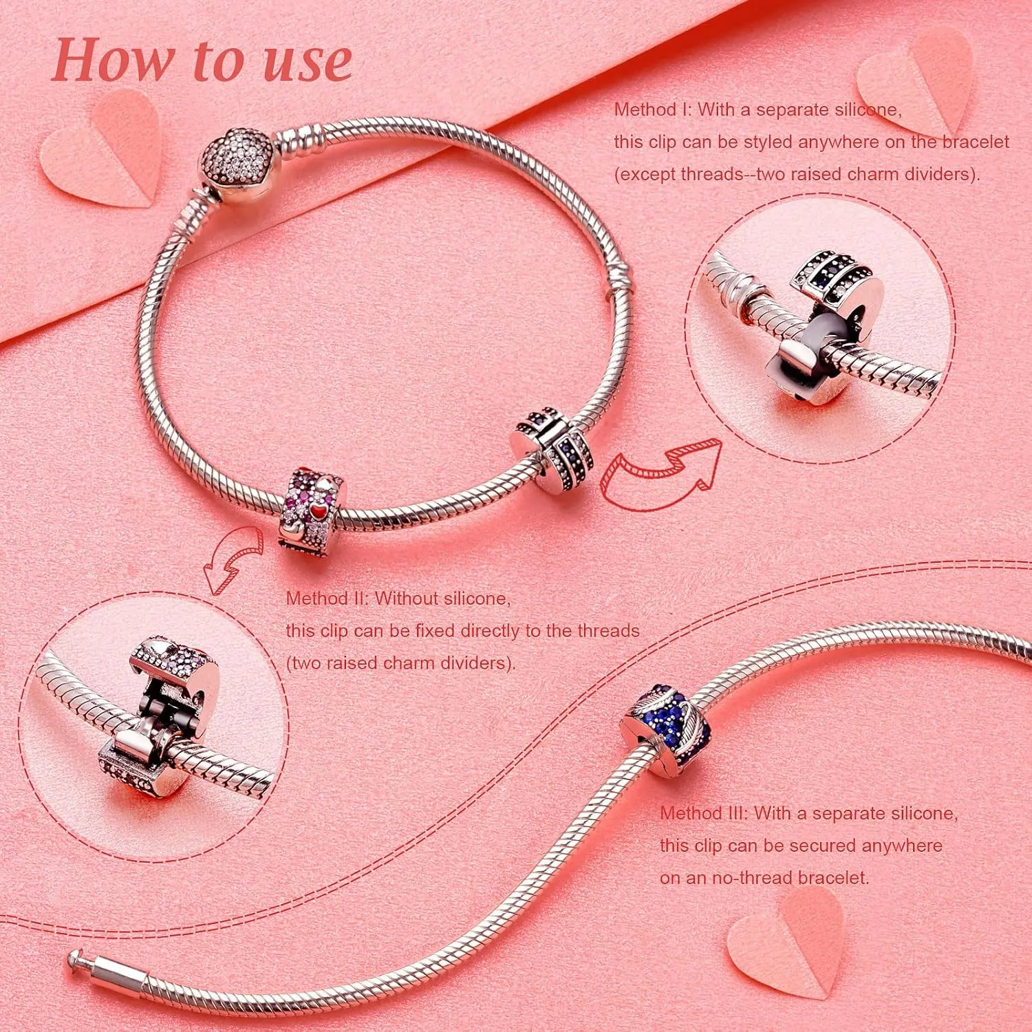 2Pcs Clip Charms for Bracelets 925 Sterling Silver with Cubic Zirconia Shell Pink Pav Family Always Stopper Birthday Christmas Jewelry Gifts for Women