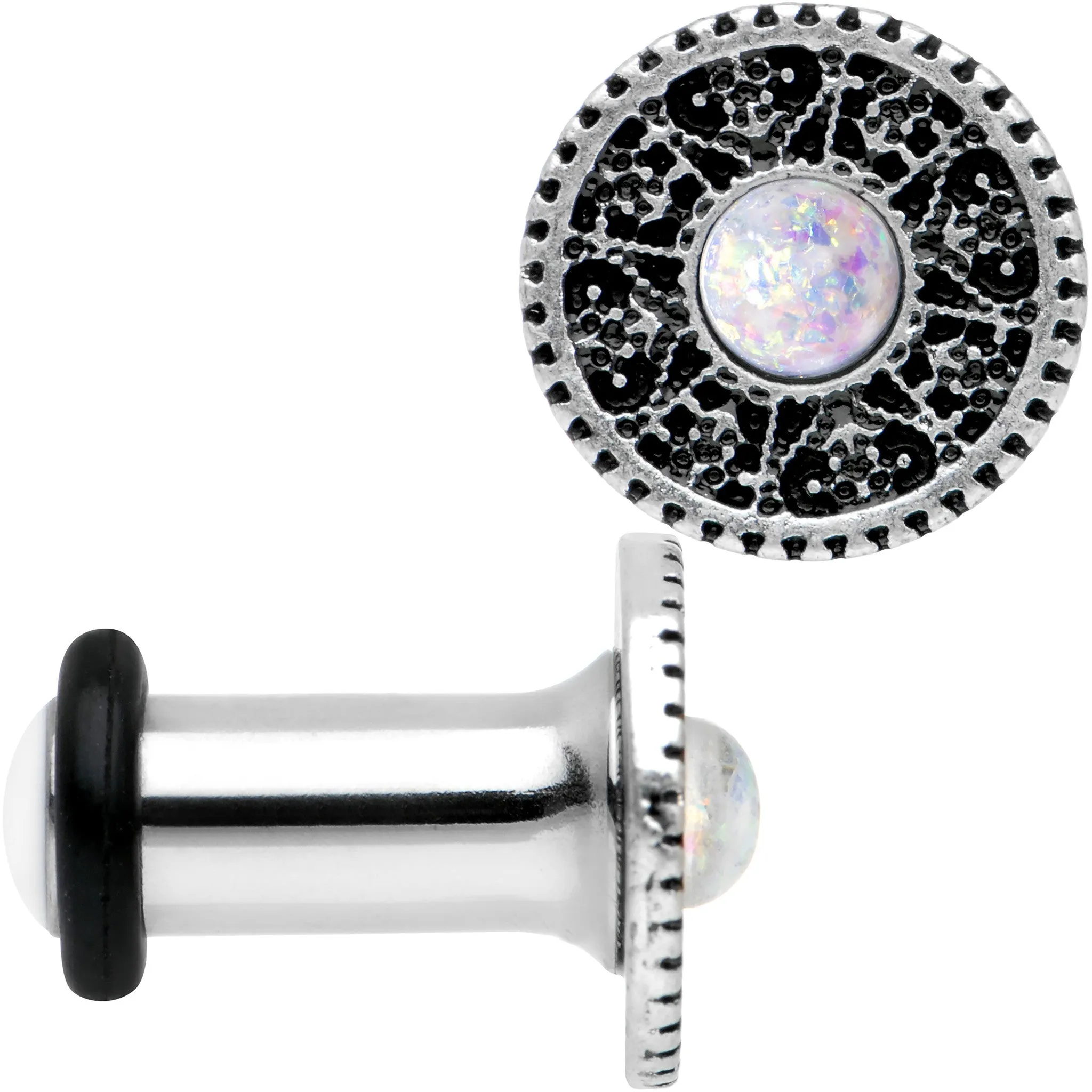 4 Gauge Stainless Steel Sky Wheel White Synthetic Opal Plug Set