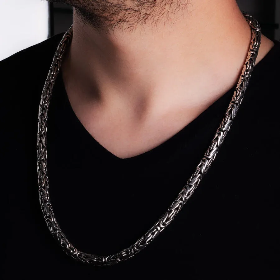 925 Sterling Silver Men's King Byzantine Round Chain Necklace 7mm 170GR 24 Inch