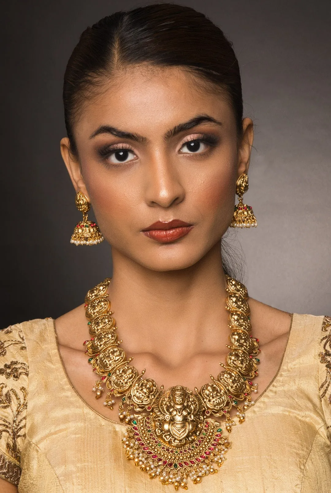 Aabha Lakshmi Motif Temple Necklace Set with Earrings