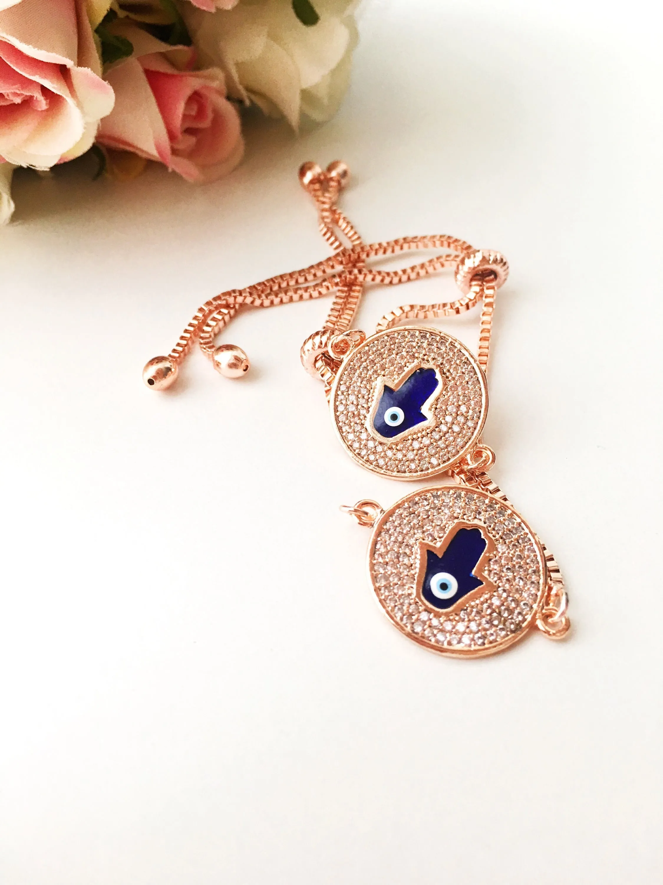 Adjustable Blue Evil Eye Hamsa Bracelet with Rose Gold Disc - Handmade Stainless Steel Jewelry