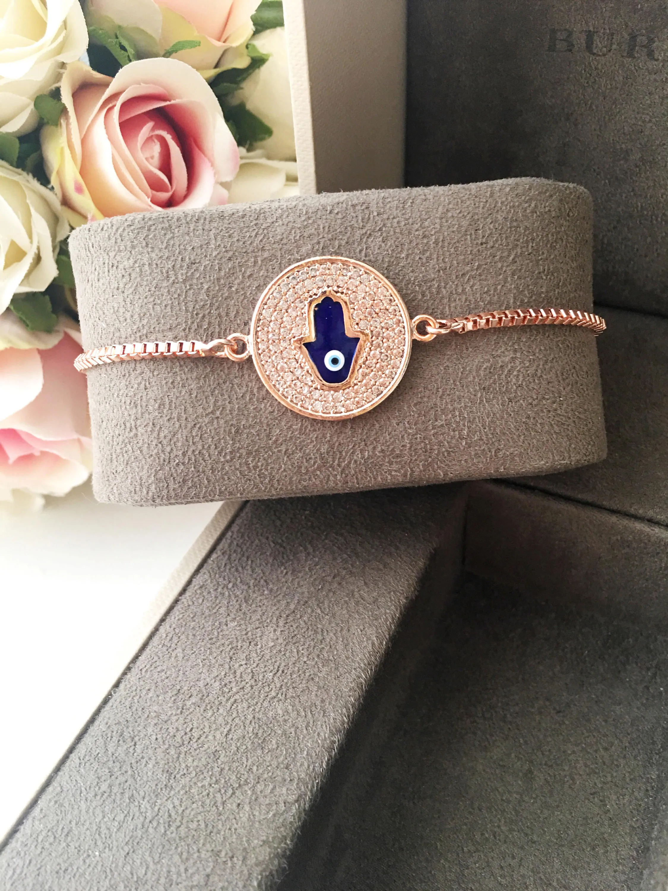 Adjustable Blue Evil Eye Hamsa Bracelet with Rose Gold Disc - Handmade Stainless Steel Jewelry