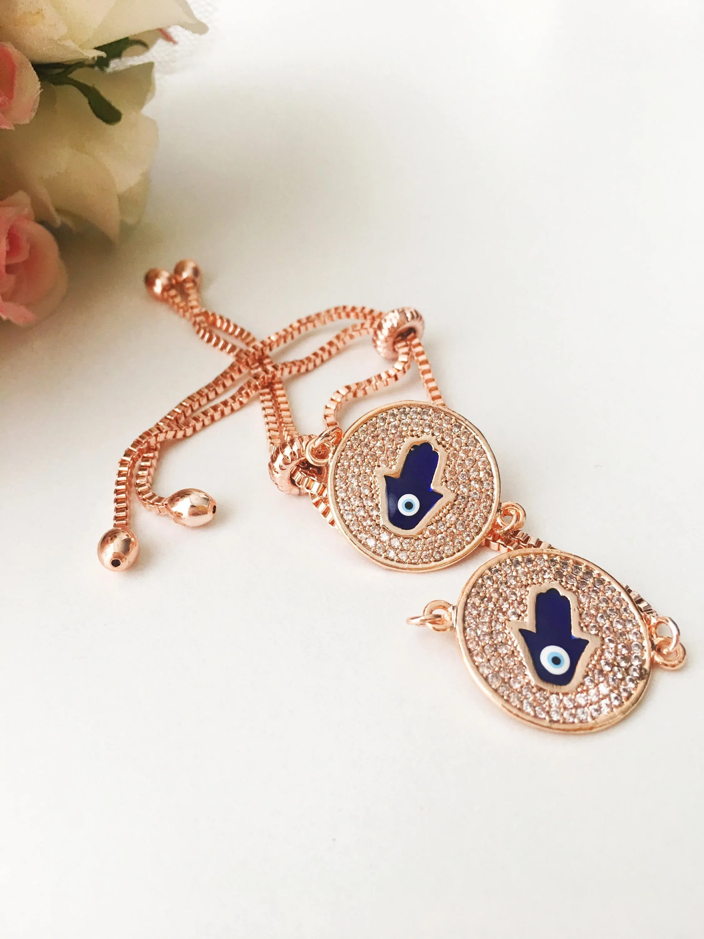 Adjustable Blue Evil Eye Hamsa Bracelet with Rose Gold Disc - Handmade Stainless Steel Jewelry