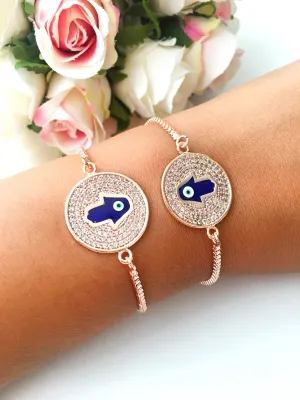 Adjustable Blue Evil Eye Hamsa Bracelet with Rose Gold Disc - Handmade Stainless Steel Jewelry