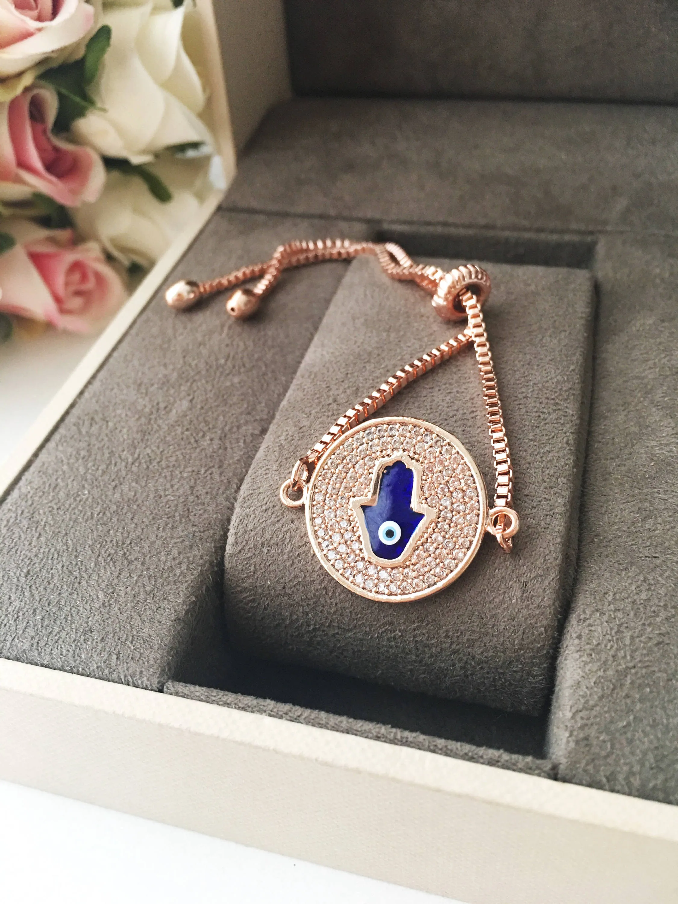 Adjustable Blue Evil Eye Hamsa Bracelet with Rose Gold Disc - Handmade Stainless Steel Jewelry