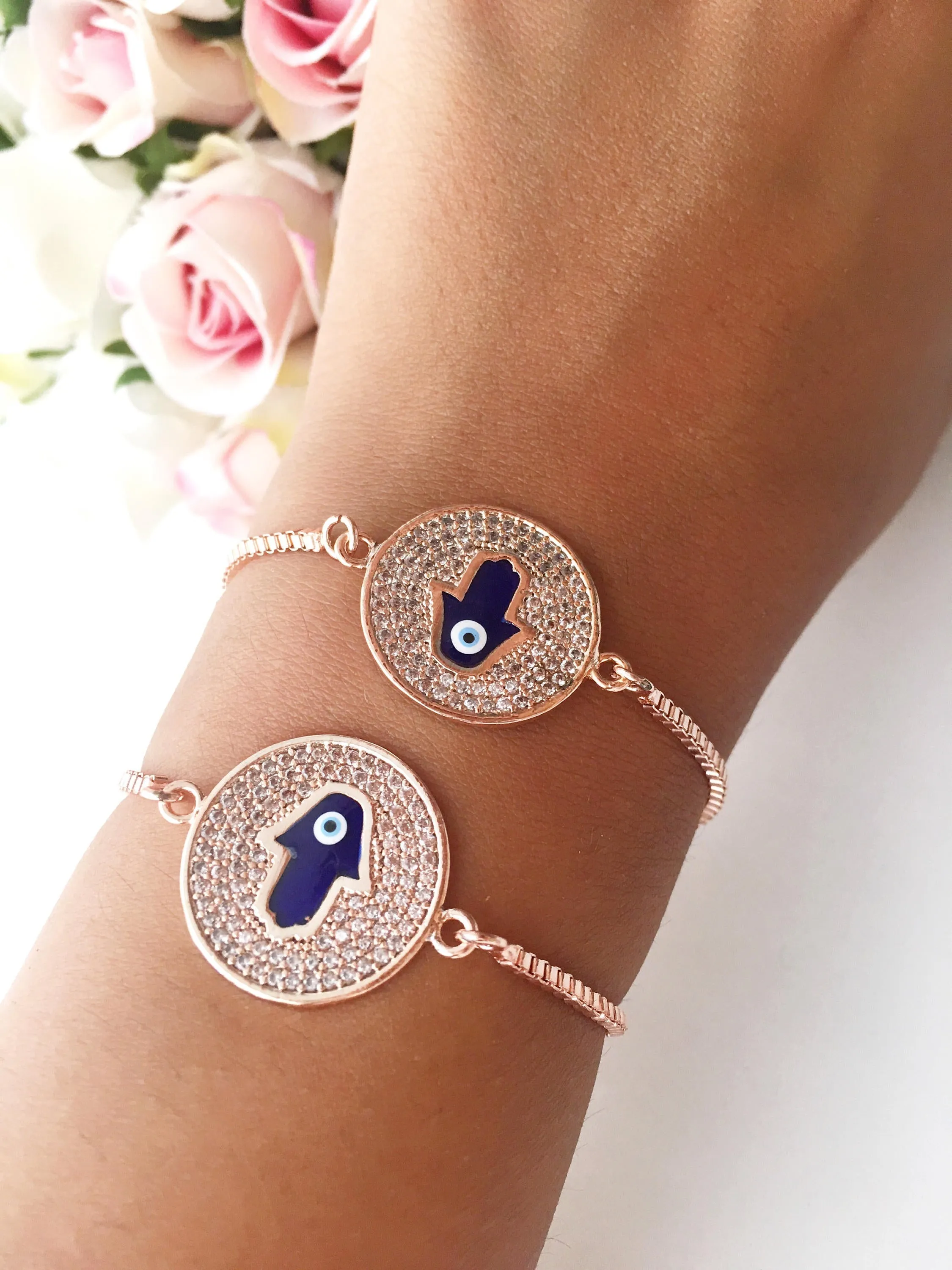 Adjustable Blue Evil Eye Hamsa Bracelet with Rose Gold Disc - Handmade Stainless Steel Jewelry