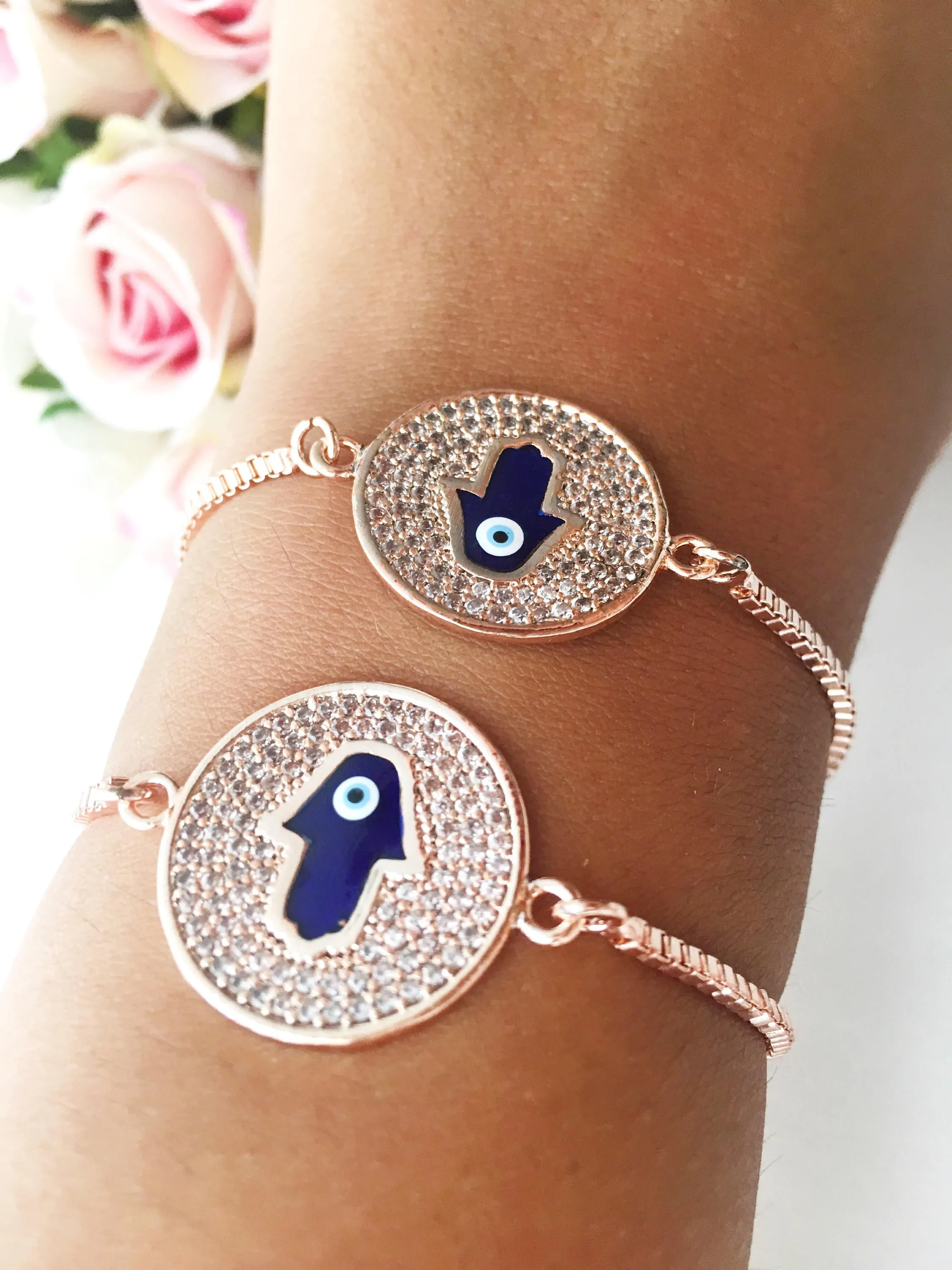 Adjustable Blue Evil Eye Hamsa Bracelet with Rose Gold Disc - Handmade Stainless Steel Jewelry