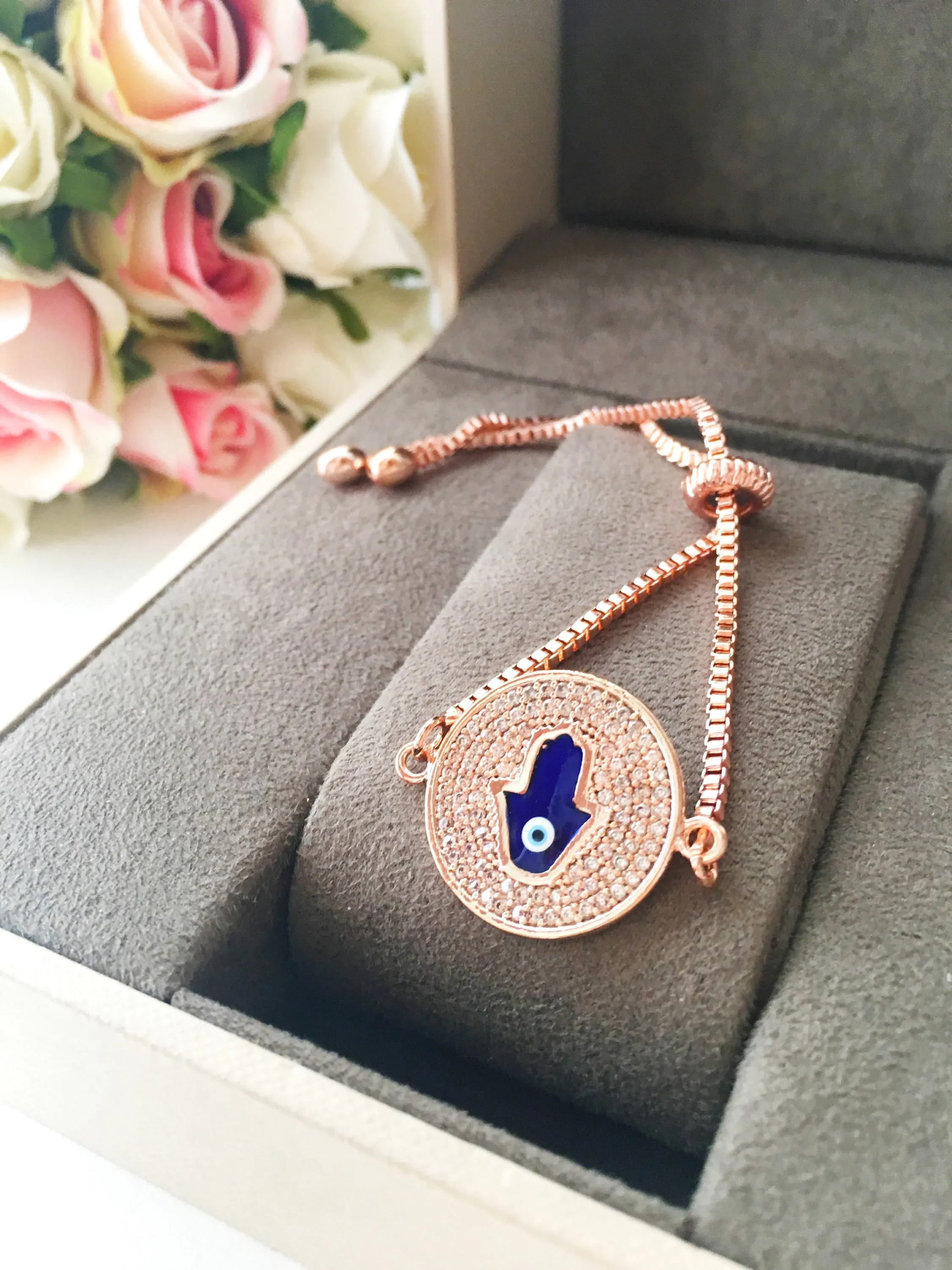 Adjustable Blue Evil Eye Hamsa Bracelet with Rose Gold Disc - Handmade Stainless Steel Jewelry
