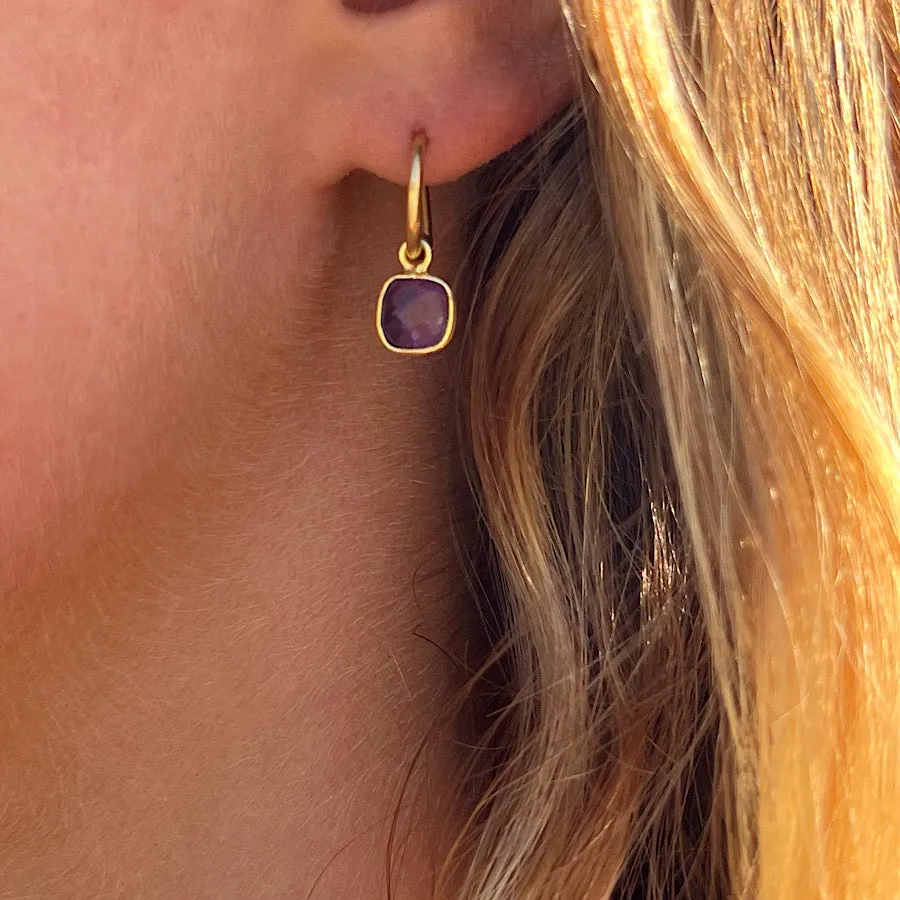 Amethyst Gemstone Earrings Feb birthstone on Gold plated loops