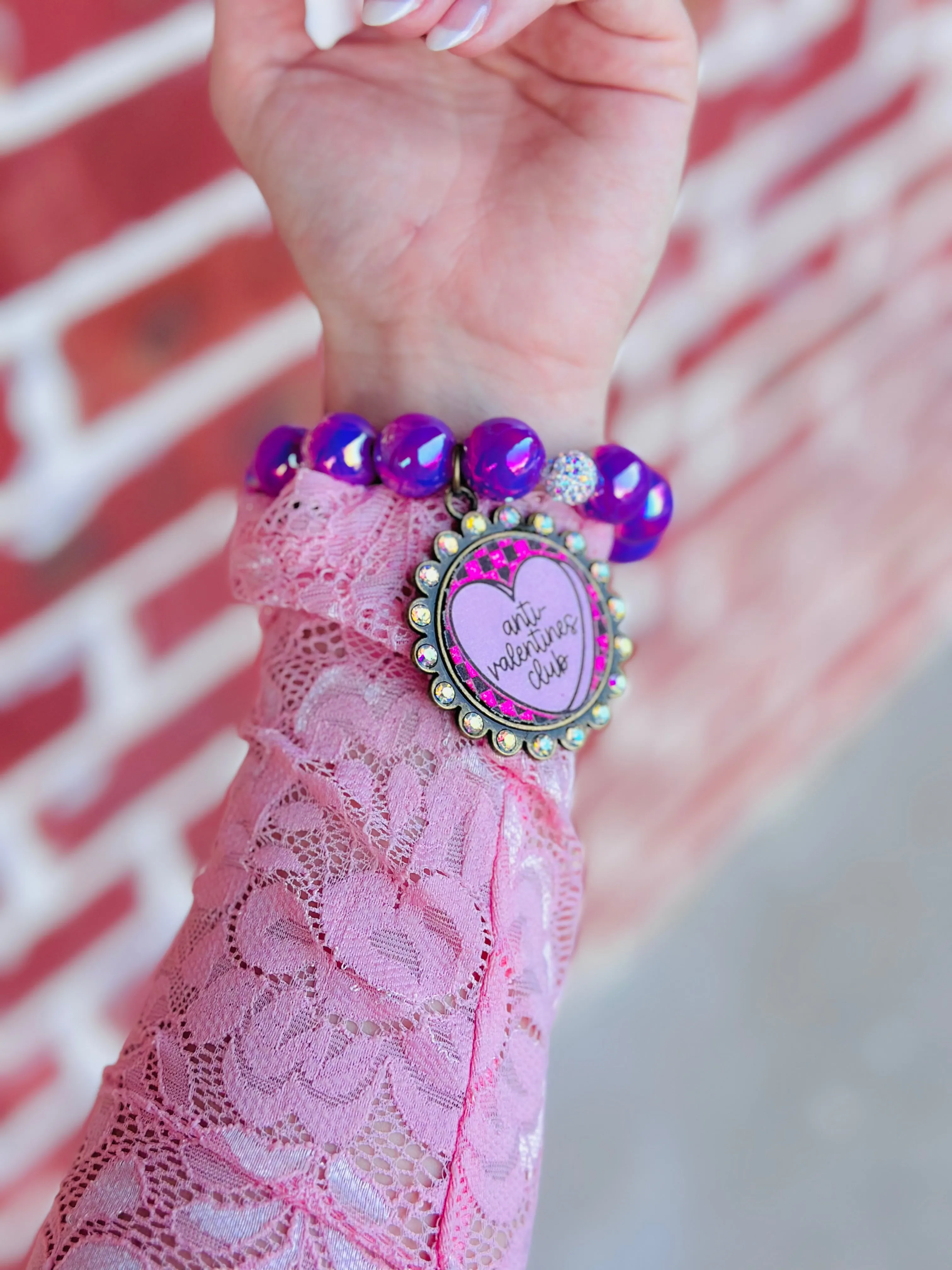 Anti- Valentines Pink Graphic and Purple Beaded Bracelet