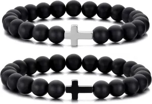 Beaded Cross Bracelets for Men Women 8mm Black Bead Stretch Bracelets Cross Charm Bracelet