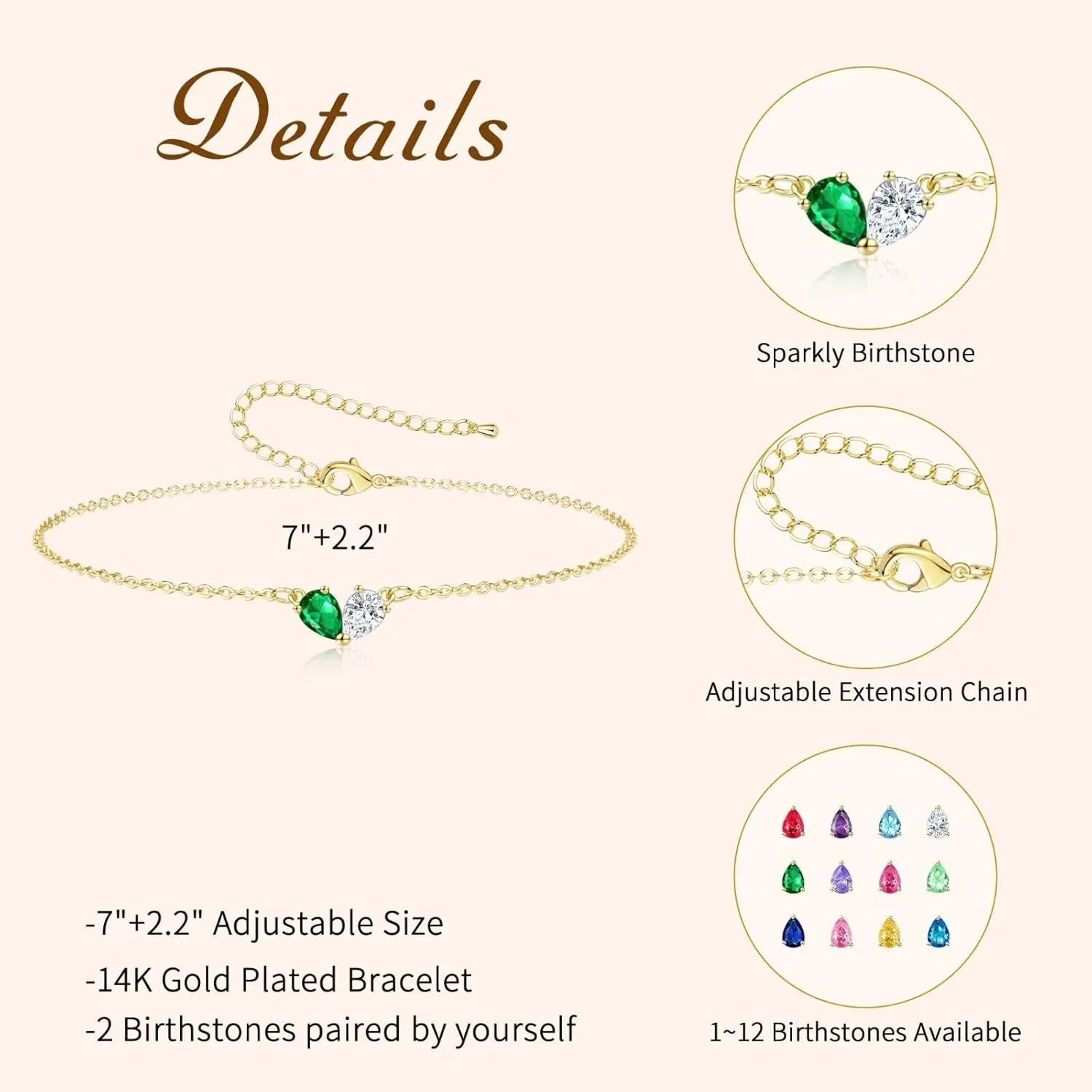 Birthstone Bracelets For Women 14k Gold Stack Couples Hand Chain Lover Dainty Heart Initial Personalized Charm March Jewelry