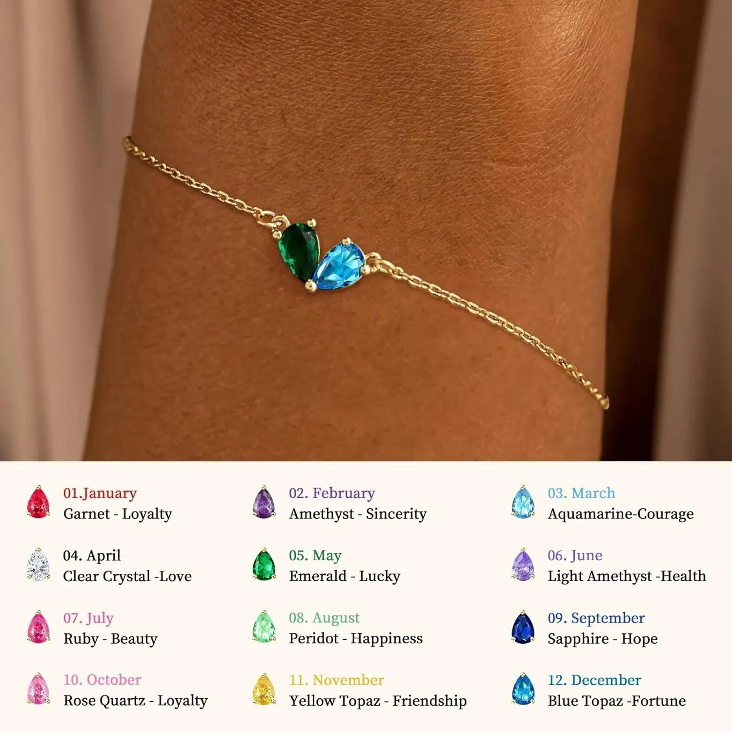 Birthstone Bracelets For Women 14k Gold Stack Couples Hand Chain Lover Dainty Heart Initial Personalized Charm March Jewelry