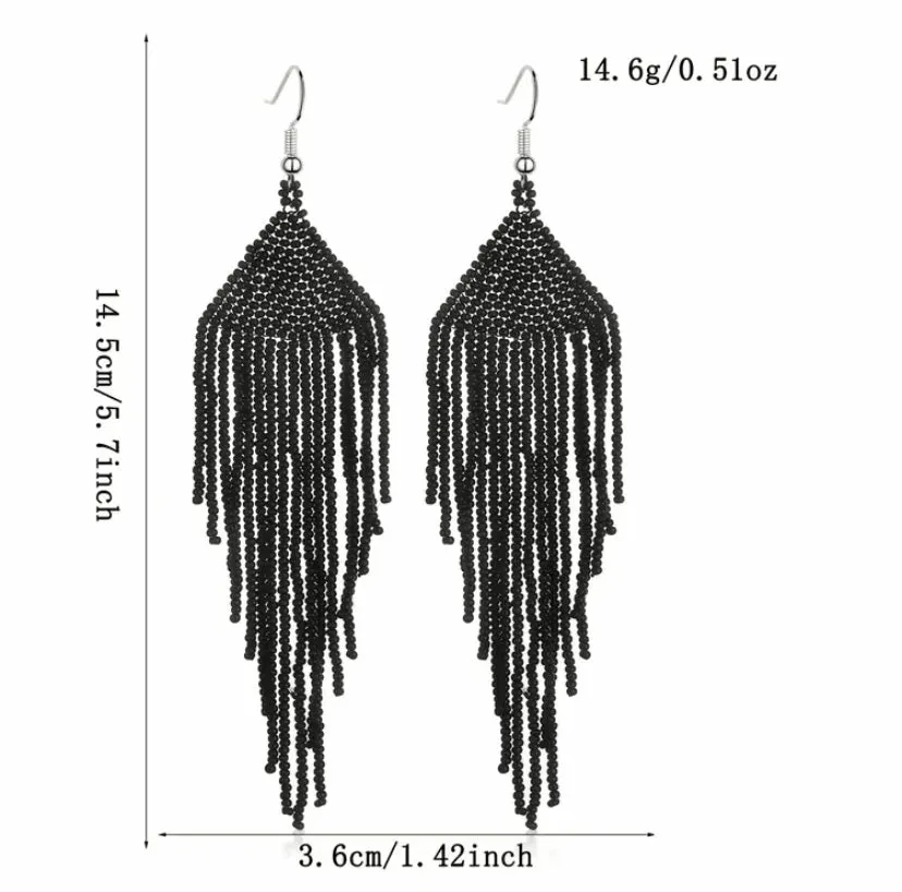 Black Boho Seed Bead Tassel Dangle Earrings