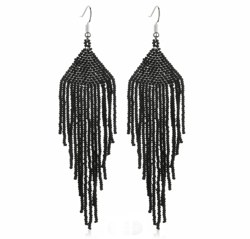 Black Boho Seed Bead Tassel Dangle Earrings