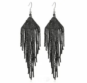Black Boho Seed Bead Tassel Dangle Earrings