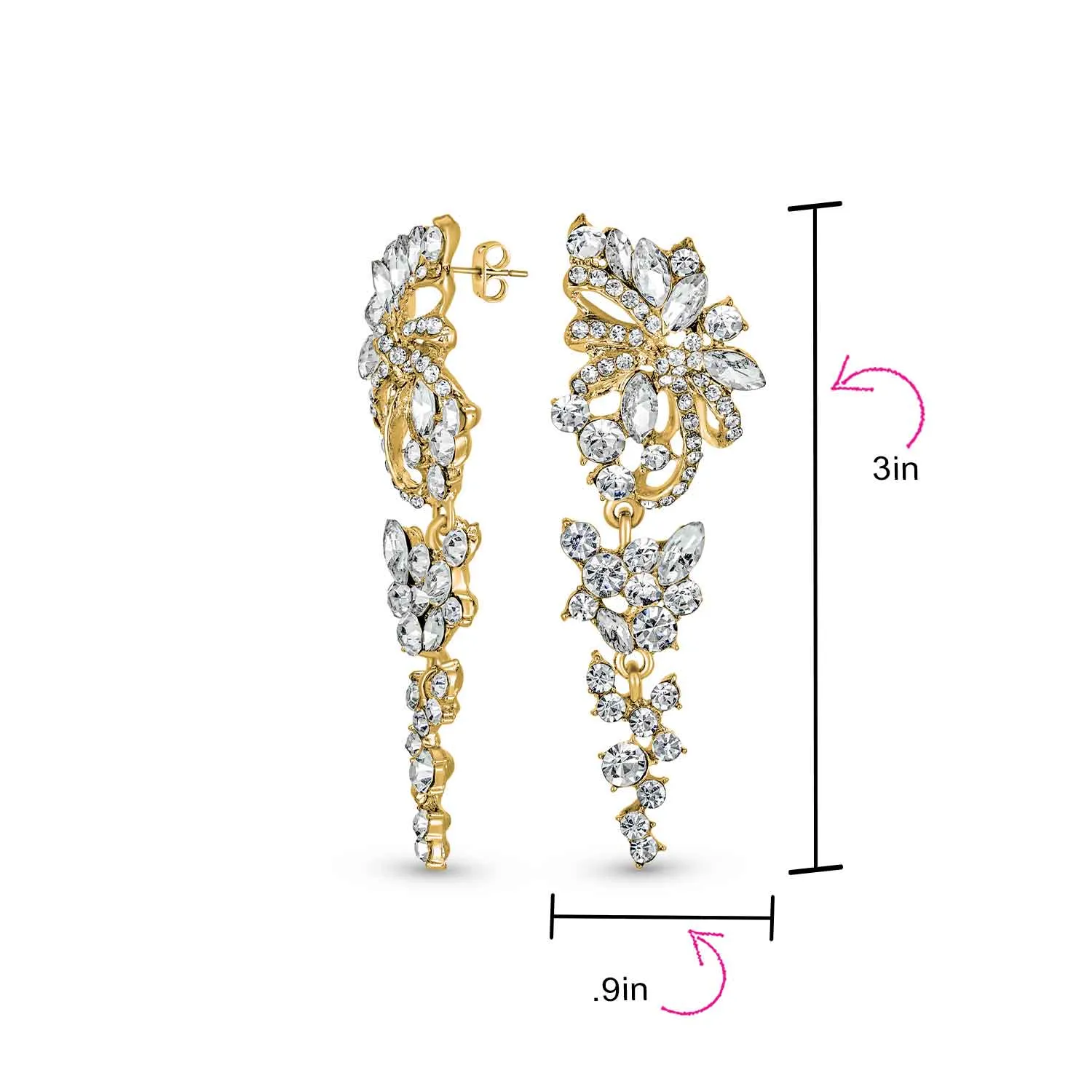 Bridal Wedding Dangle Earrings Crystal Flower Bow Chandelier Pink or Silver
