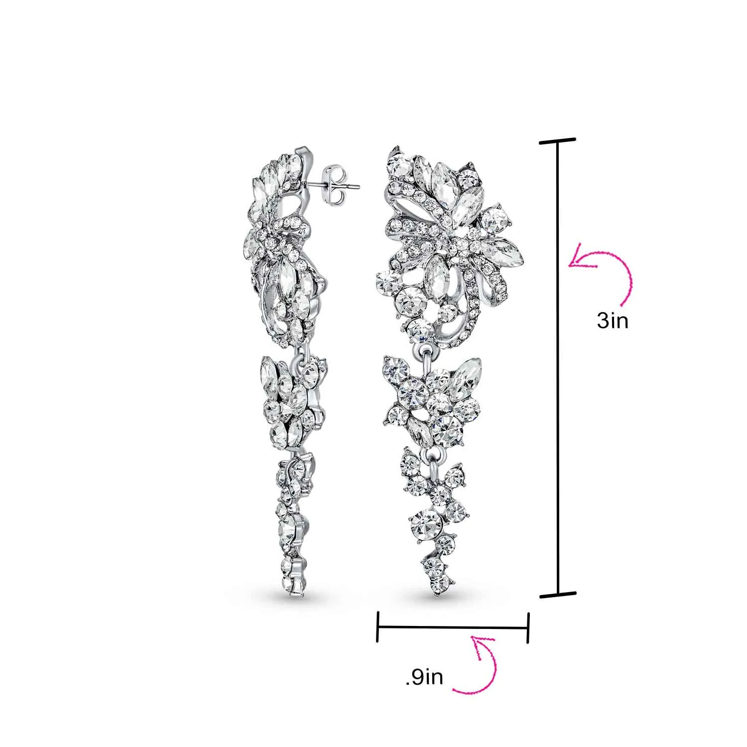 Bridal Wedding Dangle Earrings Crystal Flower Bow Chandelier Pink or Silver
