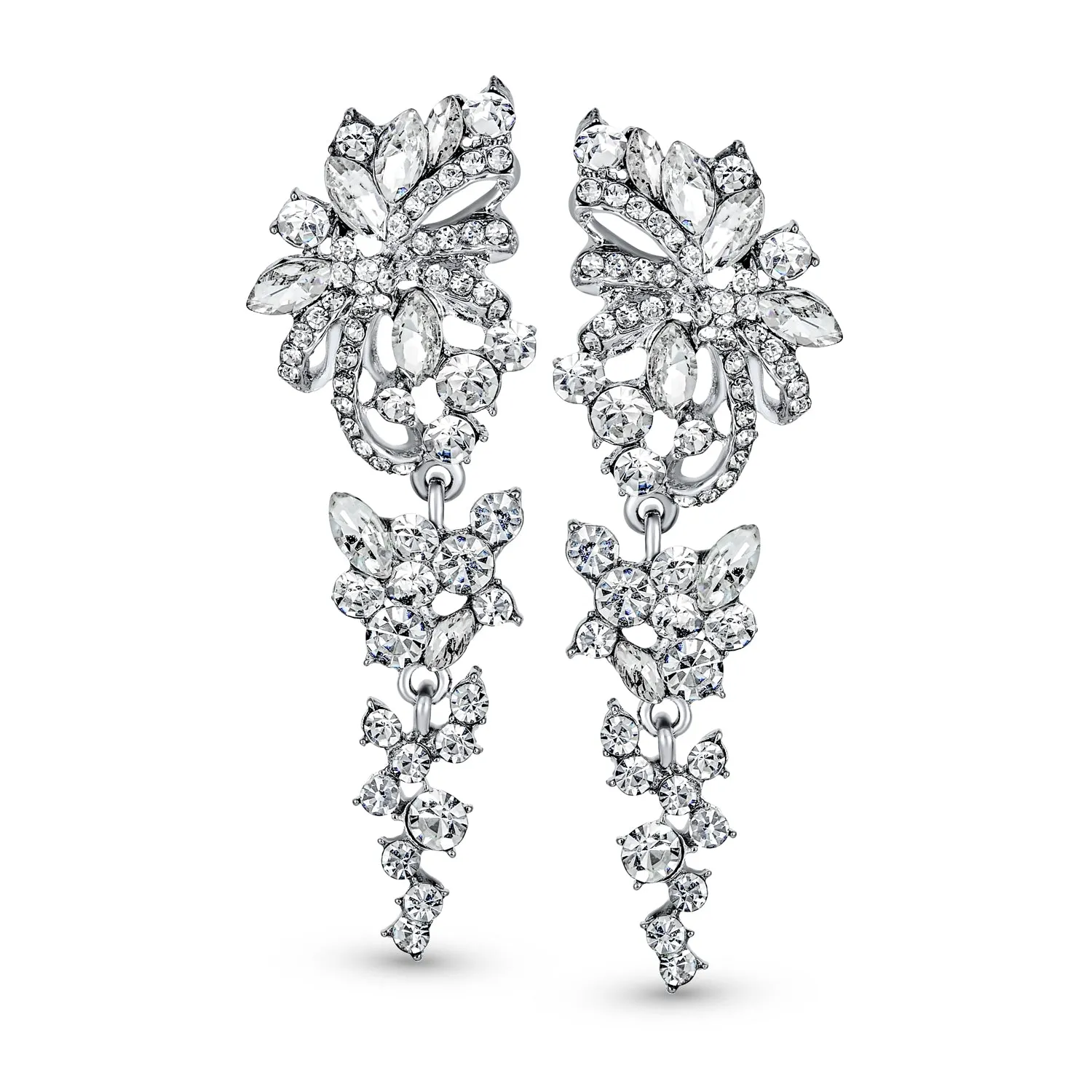 Bridal Wedding Dangle Earrings Crystal Flower Bow Chandelier Pink or Silver