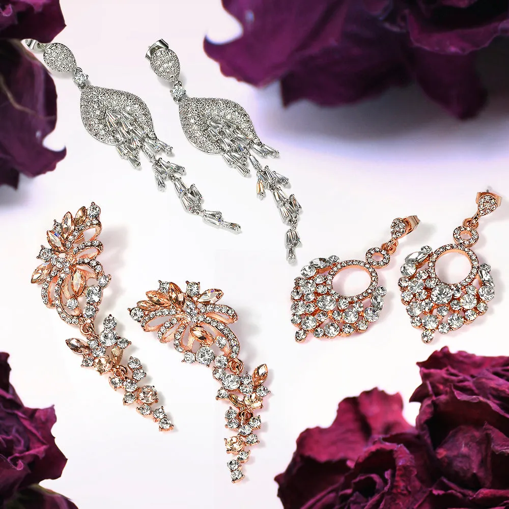 Bridal Wedding Dangle Earrings Crystal Flower Bow Chandelier Pink or Silver