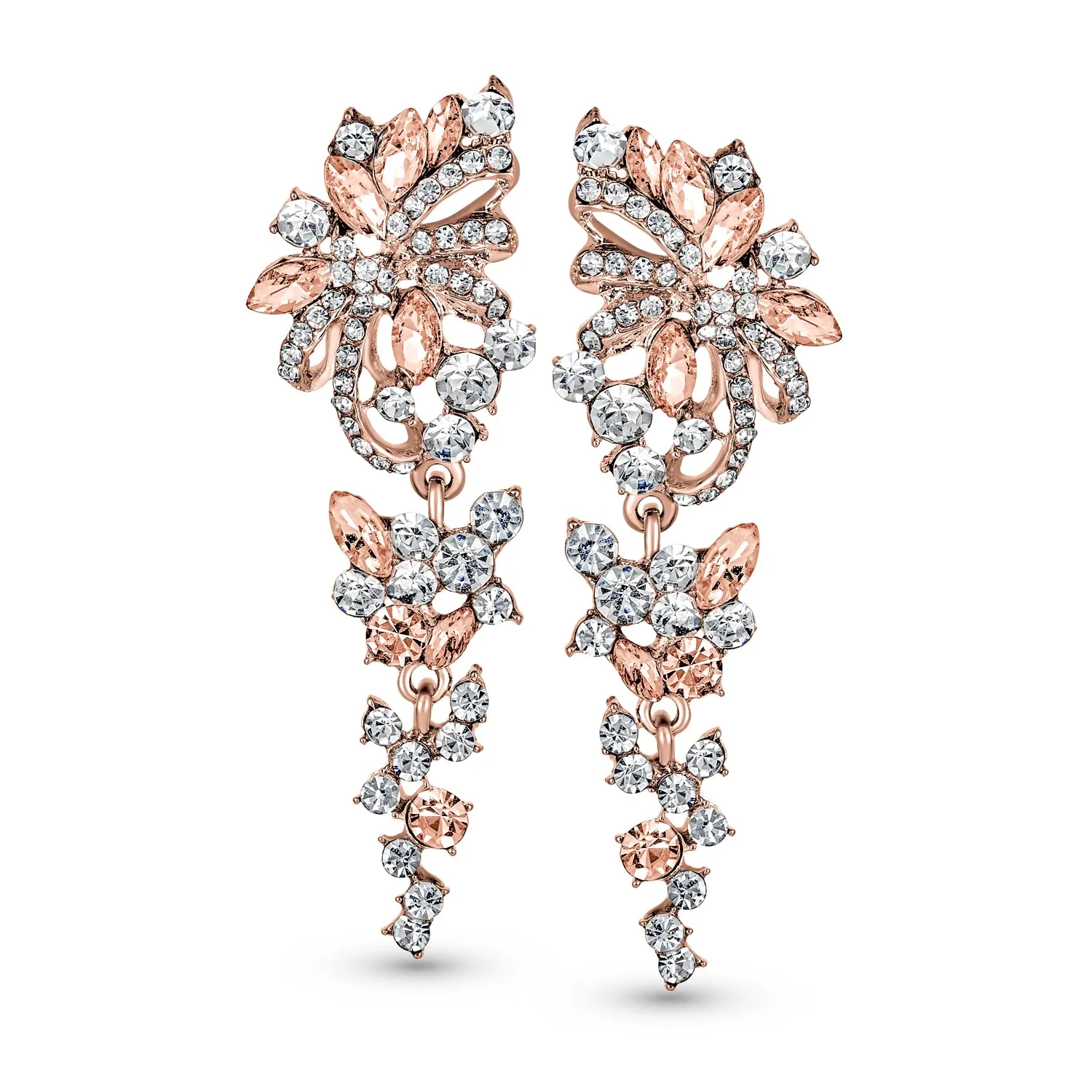 Bridal Wedding Dangle Earrings Crystal Flower Bow Chandelier Pink or Silver