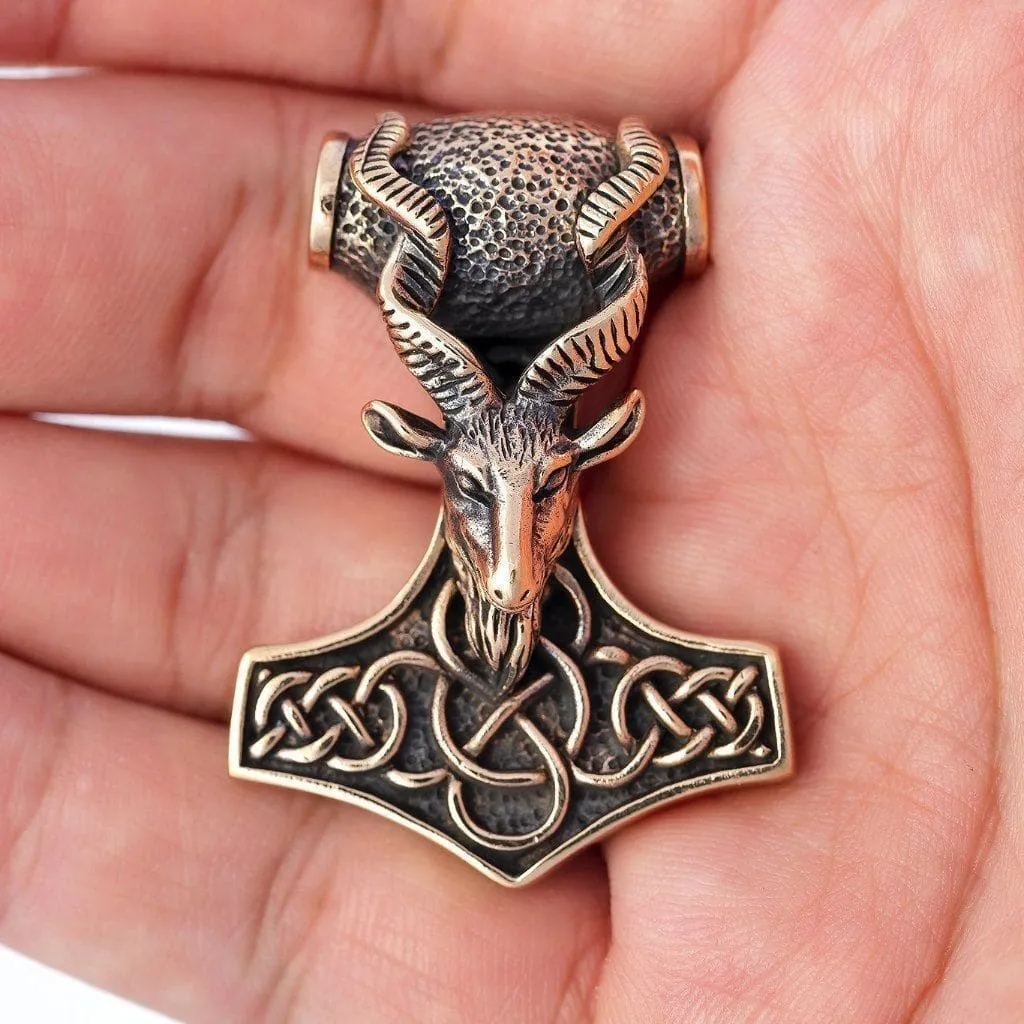 Bronze Mjolnir and Goat Head Pendant