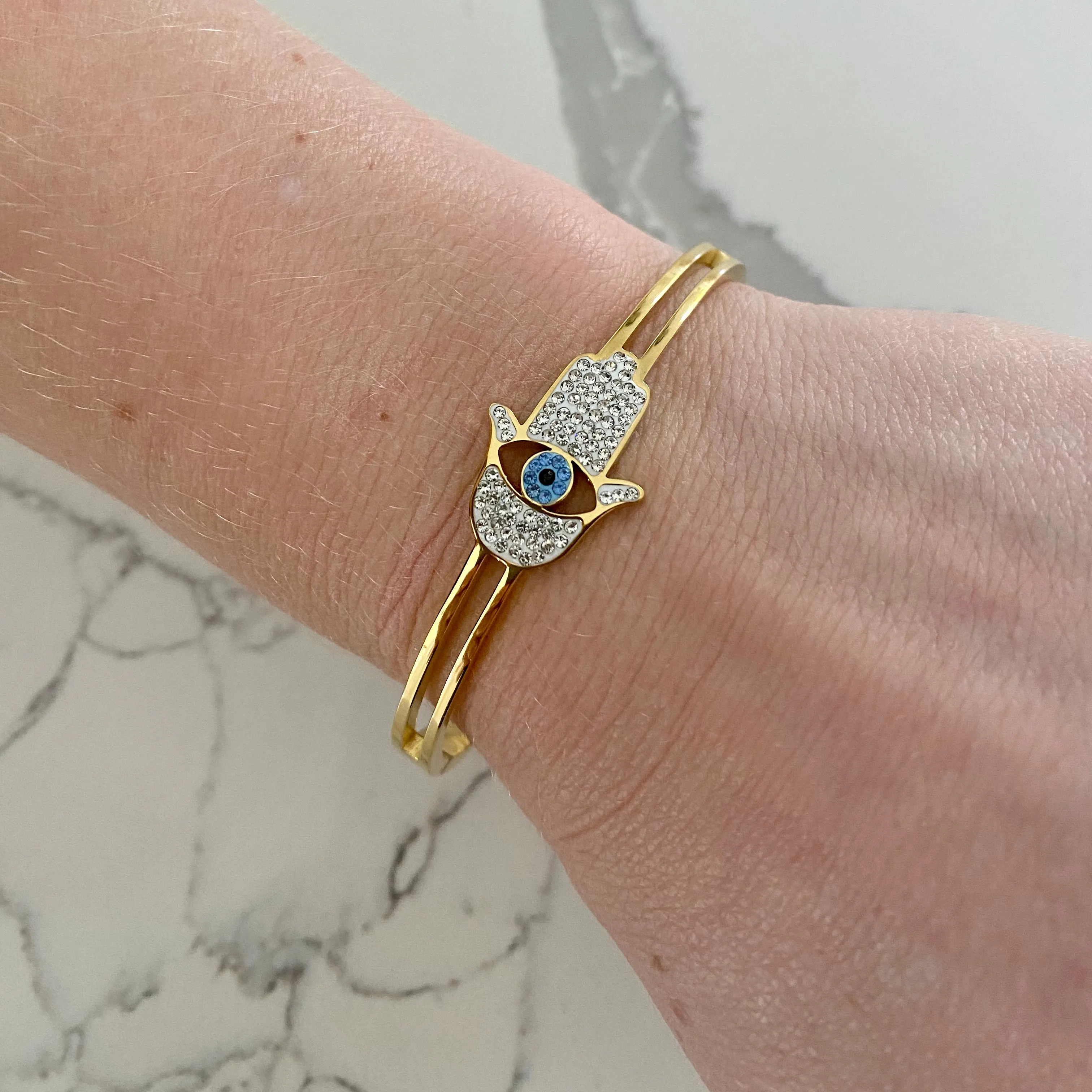 CZ Hamsa - Evil Eye Bangle Bracelet - Gold and Silver