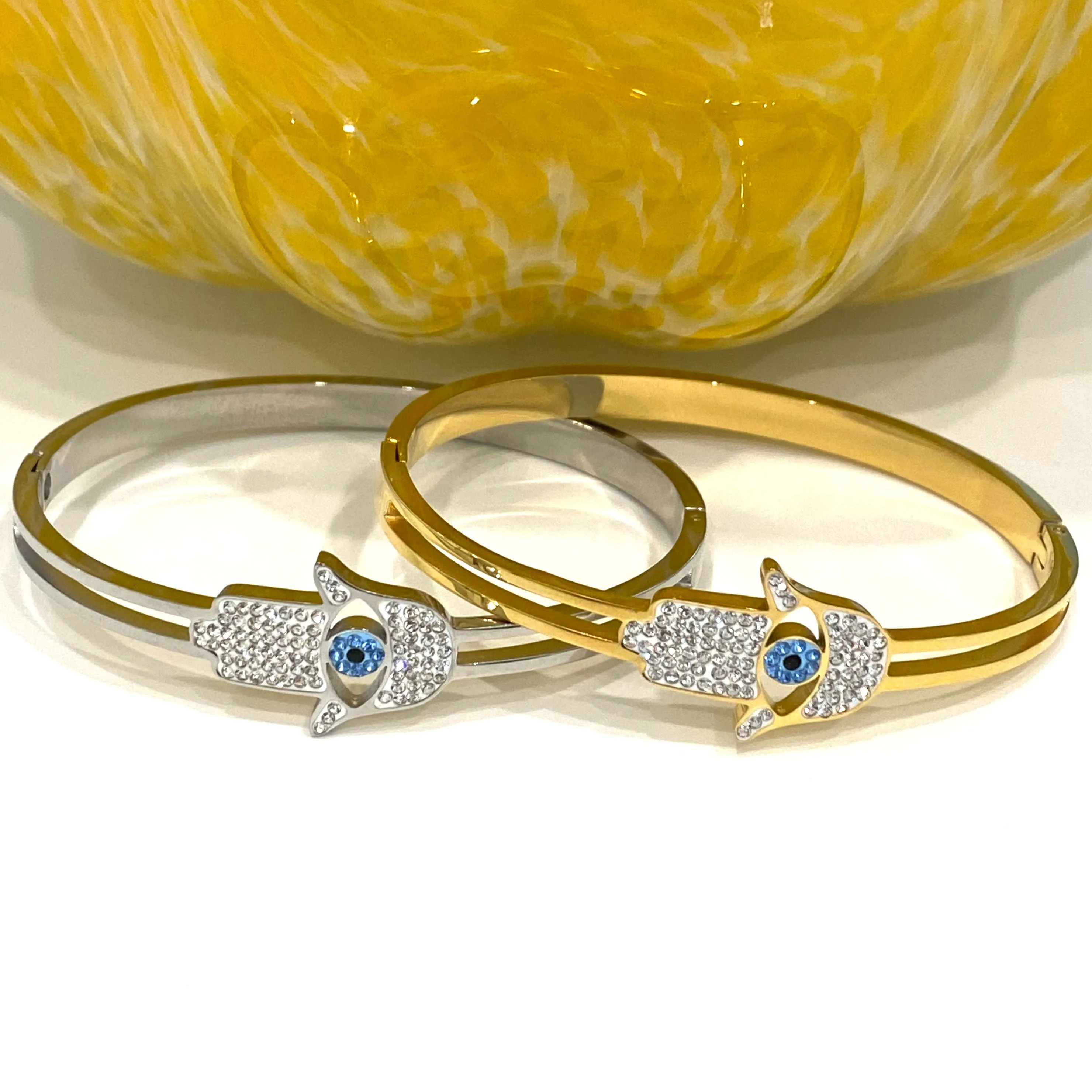 CZ Hamsa - Evil Eye Bangle Bracelet - Gold and Silver