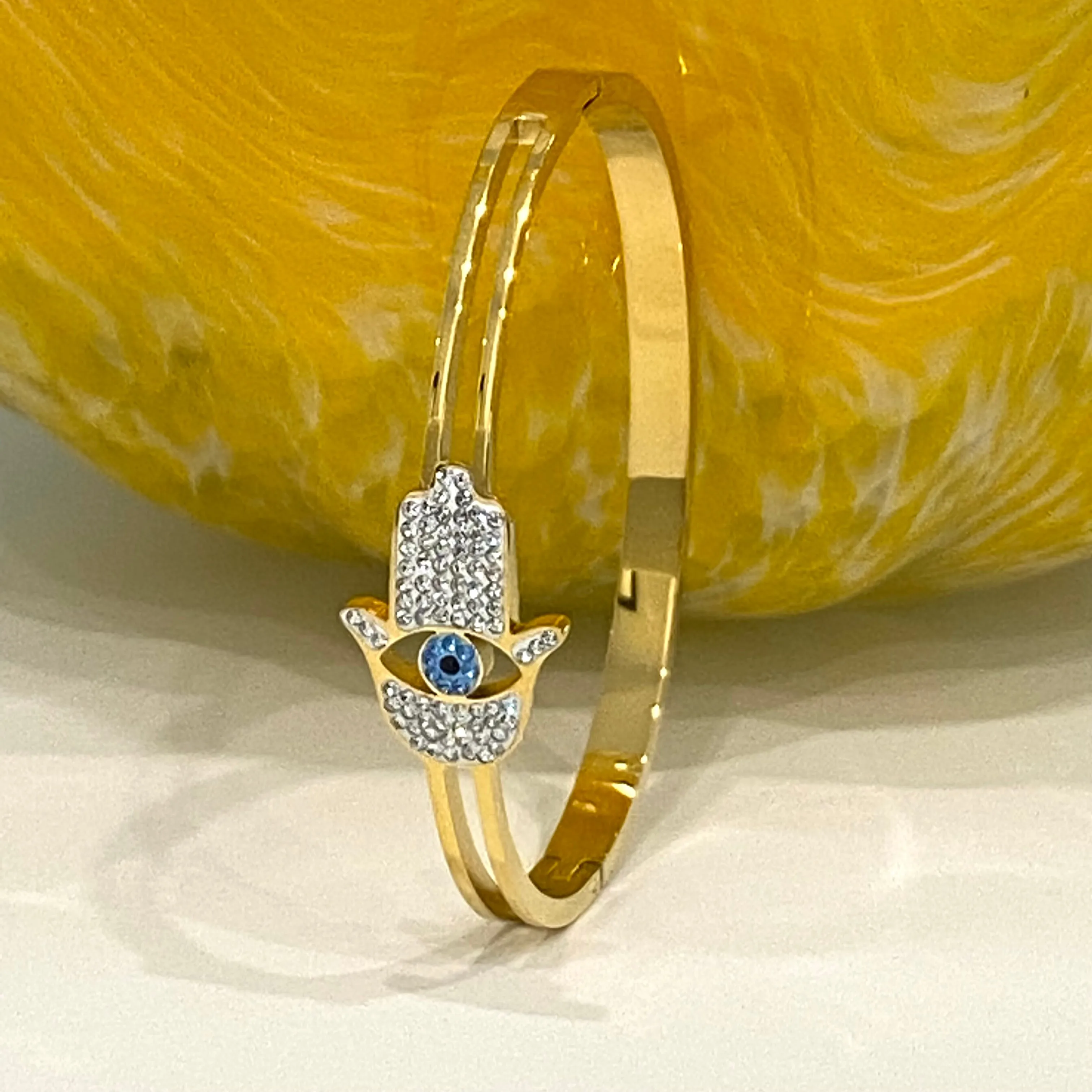 CZ Hamsa - Evil Eye Bangle Bracelet - Gold and Silver