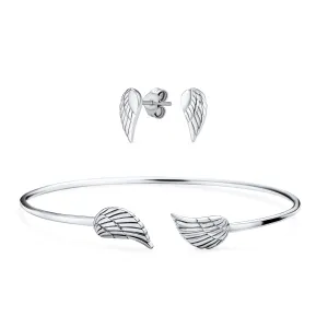 Delicate Angel Wing Feather Cuff Bracelet & Earrings Set in Sterling Silver Jewelry
