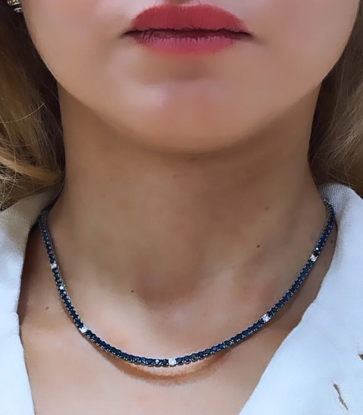 Diamond & Royal Blue Sapphire Tennis Riviera Statement Necklace 11.80ct t.w.
