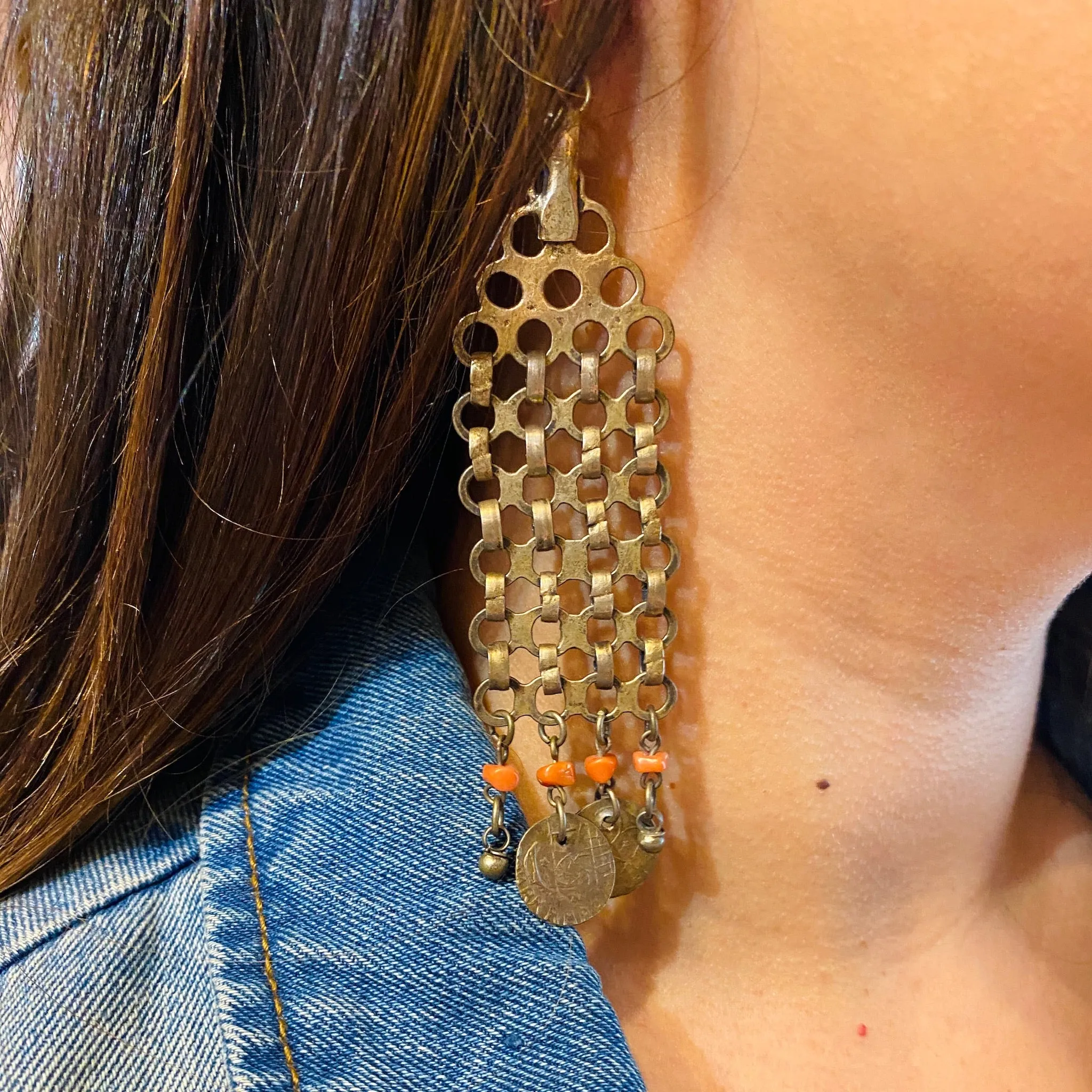 Dramatic Antique Tribal Earrings with Coins and Beads